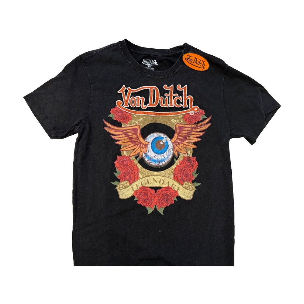 Von Dutch Streetwear Y2K TShirt Mens M Black Flying Eyeball Roses Embroidered NW